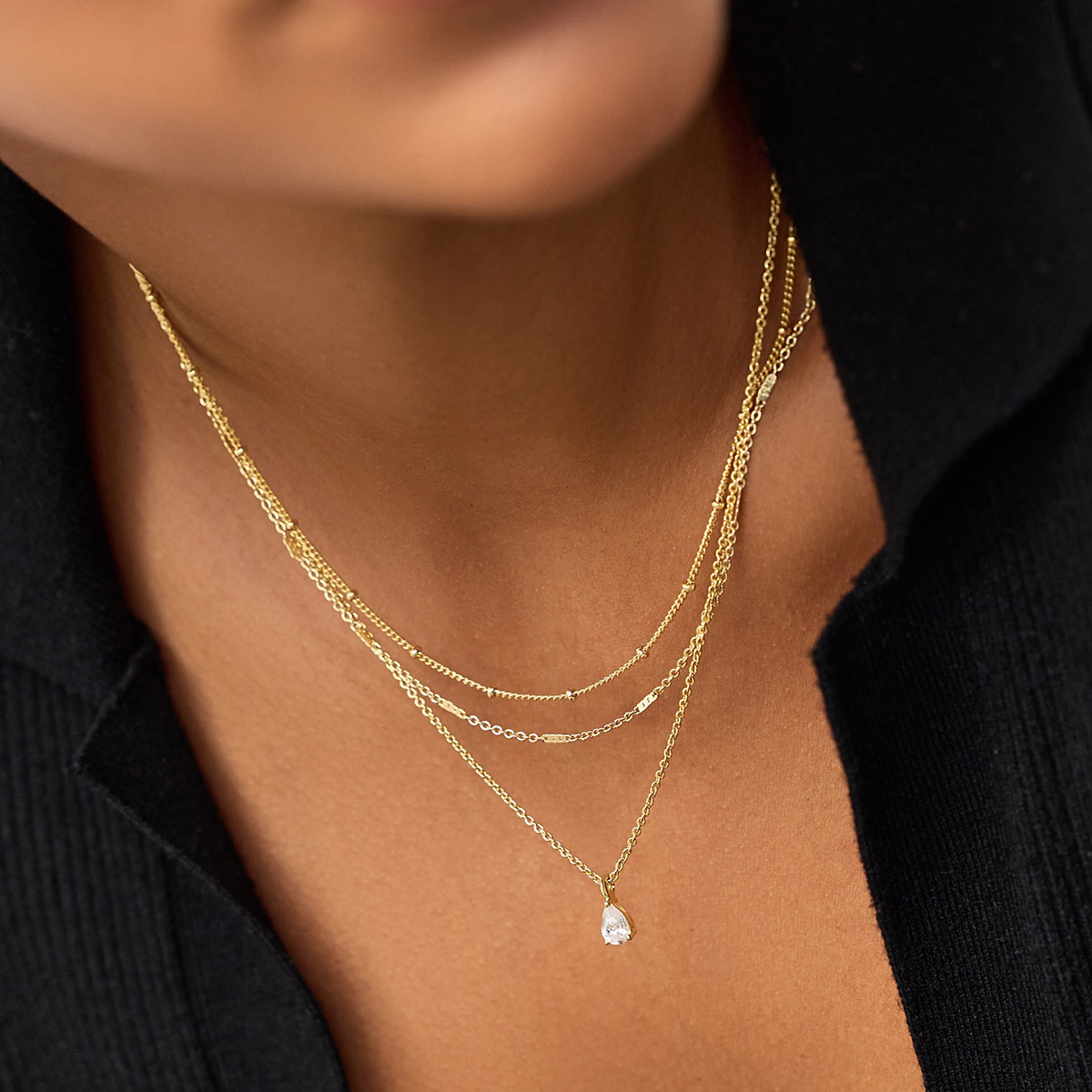 304 Stainless Steel Geometric PVD Coated 18K Real Gold Plated Simple Style Classic Style Cable Chain Three Layer Necklace