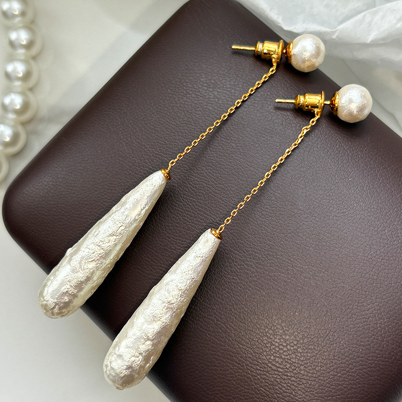 French Style Long Pearl Drop Earrings Pure Silver Cotton Waterdrop Design Unique Elegant Feminine Jewelry Accessories