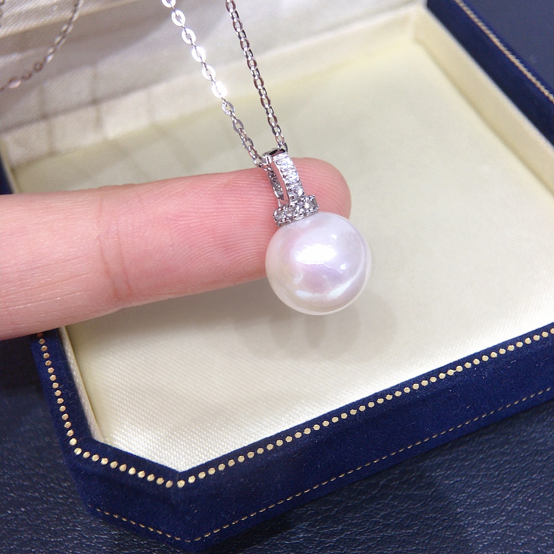 Natural Freshwater Pearl Necklace Single Bead Perfect Round Aurora Pearl Pendant S925 Sterling Silver Clavicle Chain Women's Style White