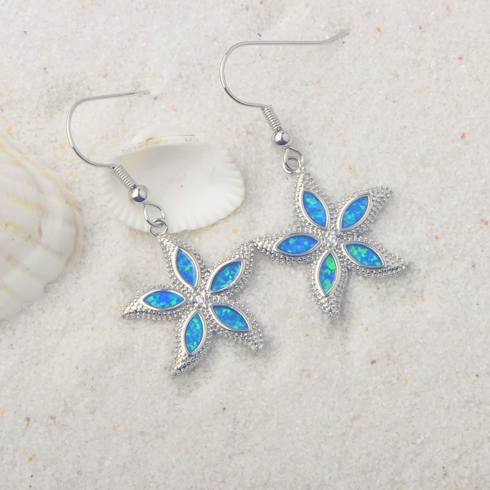 Colorful Women's Opal Starfish Earrings Fashionable TikTok Ins European Style Jewelry Accessories Animal Pattern Copper Material