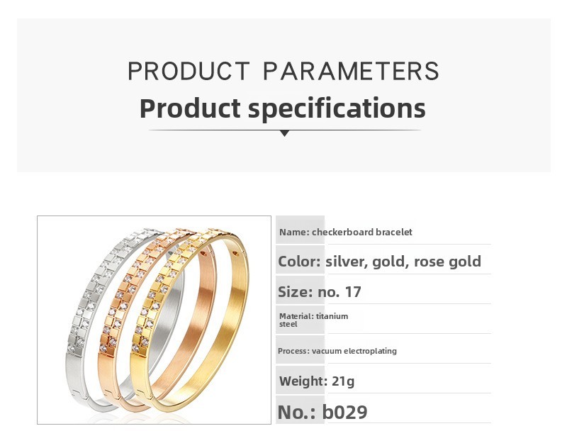 Titanium Steel Inlaid Diamond Wide Bracelet Square Grid Women's Accessories Rose Gold And Silver Black