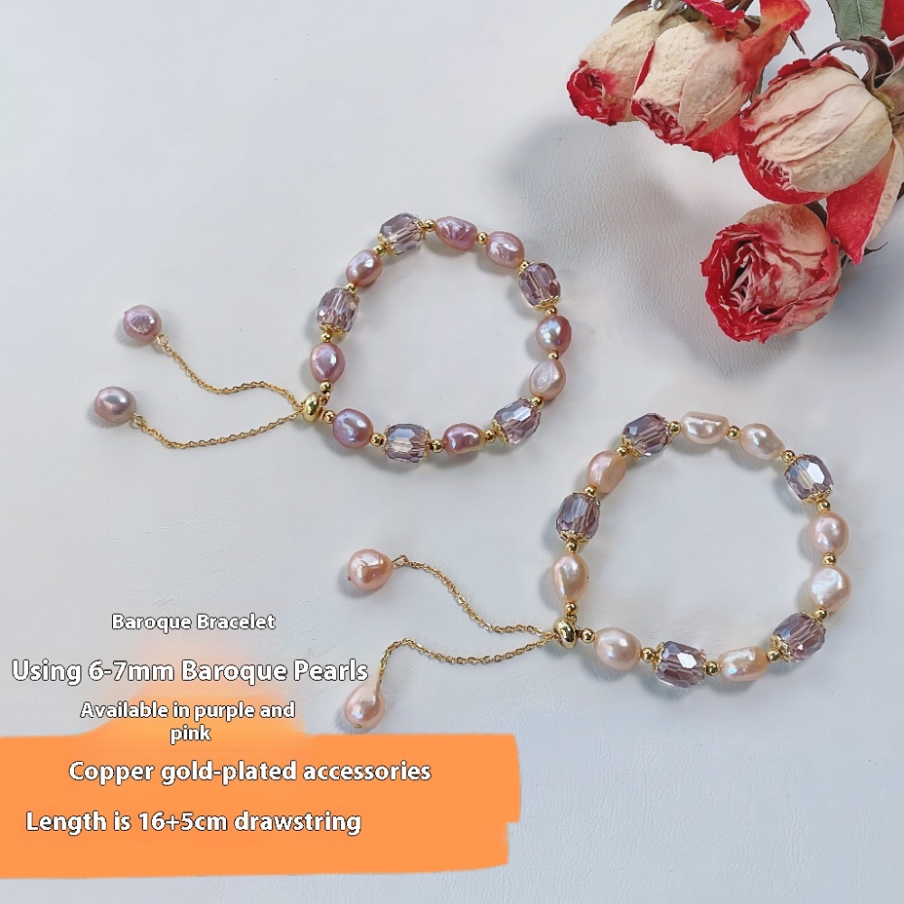 French Vintage Purple Quartz Pearl Bracelet Baroque Luxury Ins Niche Bracelet Best Friend Jewelry Pink And Purple Natural Pearl Accessories