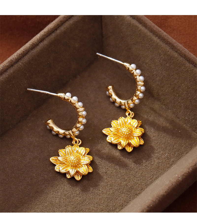 Unique Small Audience Design 925 Silver Needle Sunflower Flower Earrings Pearl Fashionable New  Women's Jewelry Accessories
