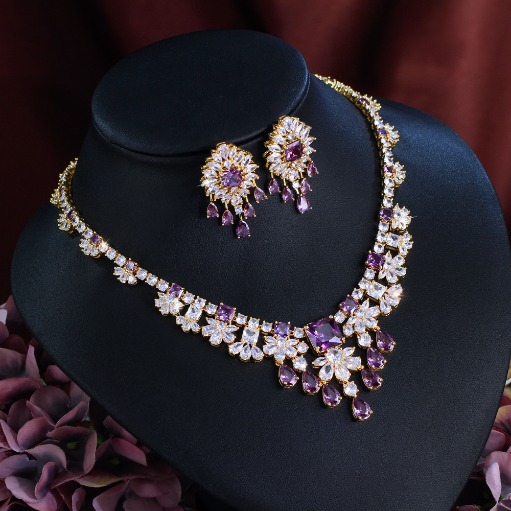 Elegant Copper Wedding Jewelry Set Sparkling Zircon Necklace Earrings Dinner Party Accessories Suitable For Women To Wear On Weddings Or Parties