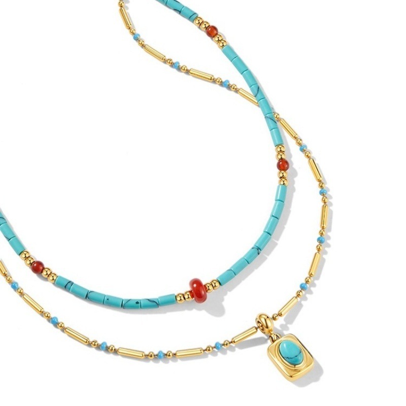 Three-layer Turquoise Bohemian Style Titanium Steel Collarbone Chain Necklace Women's Jewelry Accessories Heart Shape Geometric Pattern Design