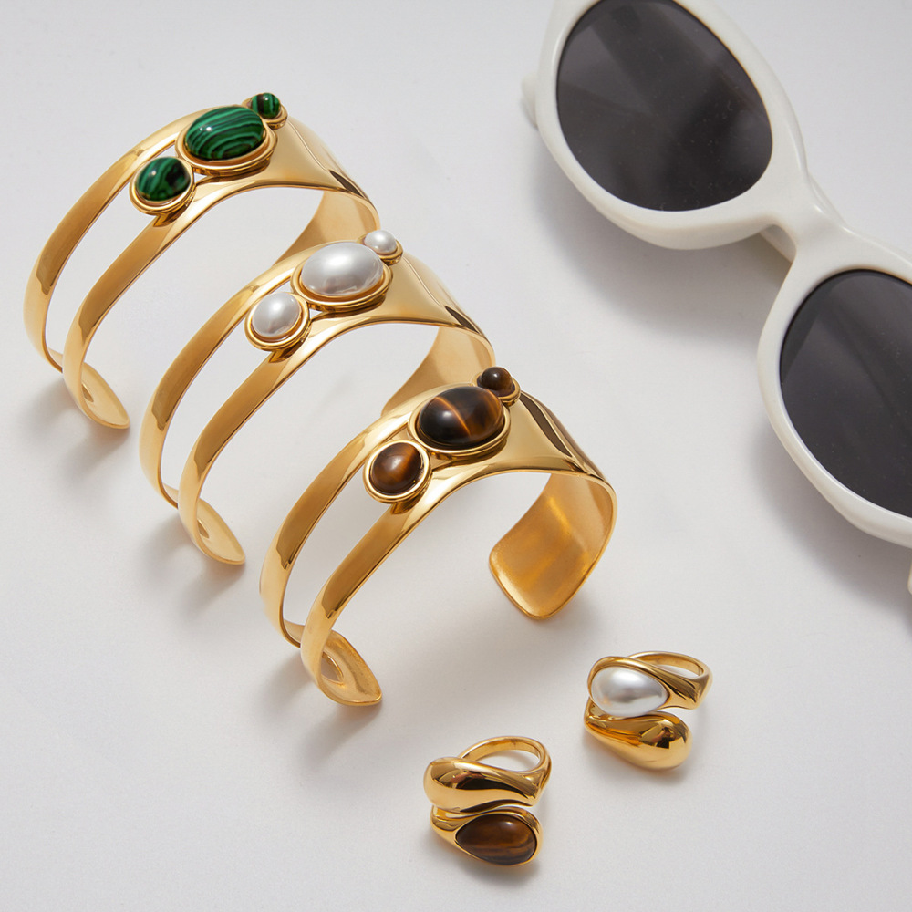 Natural Stone Hollow Titanium Steel Open Bracelet Women Non-Fading Jewelry Stainless Steel Ring Best-selling Accessories