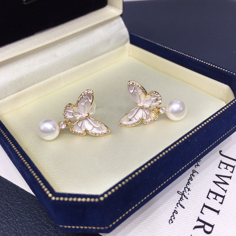 High Quality Natural Freshwater Pearl Earrings Women's Baked Paint Engraved Zircon Butterfly Elegant Jewelry Accessories