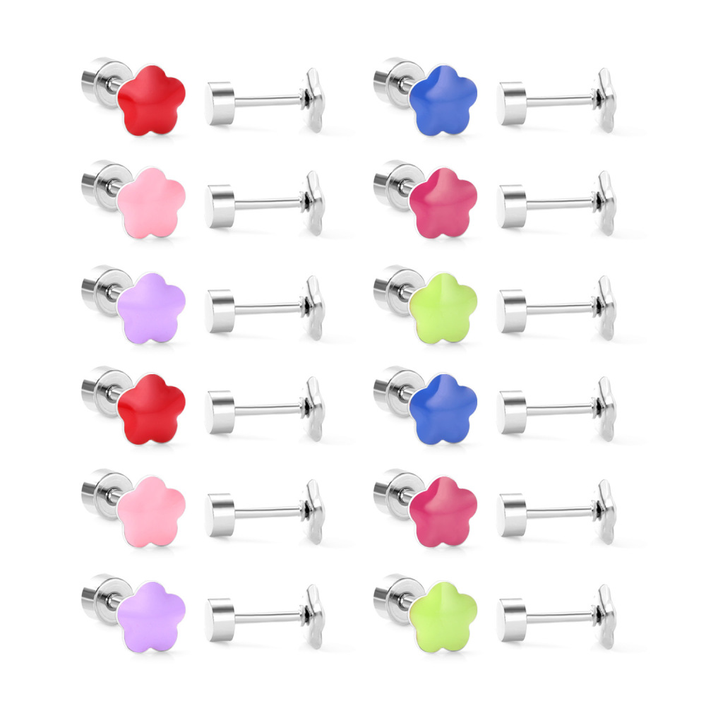 Stainless Steel Screw Back Earrings For Women Sweet Heart-shaped Star Moon Stud Earrings Fashion Bohemian Floral Print Jewelry Accessories