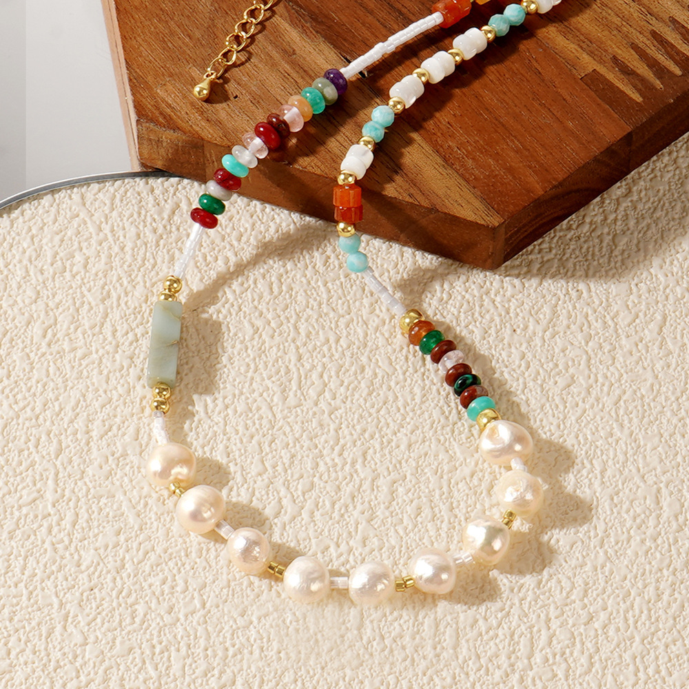Multi-color Natural Stone Stitching Freshwater Pearl Necklace Ladies Lightweight Accessories Casual
