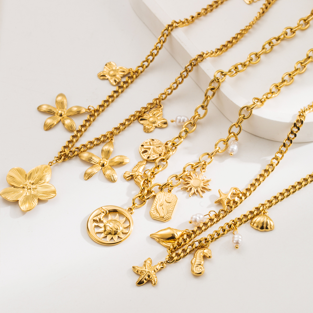 Titanium Steel Pentagram Flower Plated 18K Real Gold Plated Casual Modern Style Classic Style Pearl Cuban Link Chain Curb Chain Cable Chain Gold Multi Charms Necklace