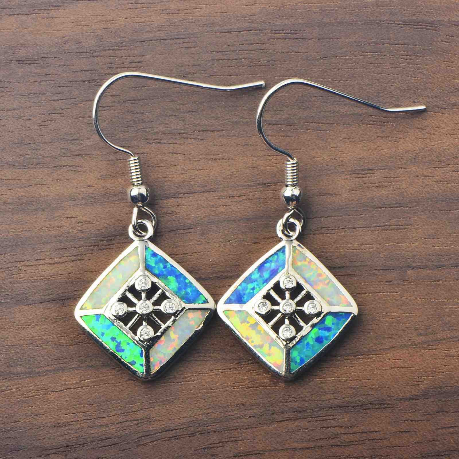 Simple European Style Opal Rhombus Shaped Earrings Fashionable Vacation Theme Copper Material Jewelry Accessories