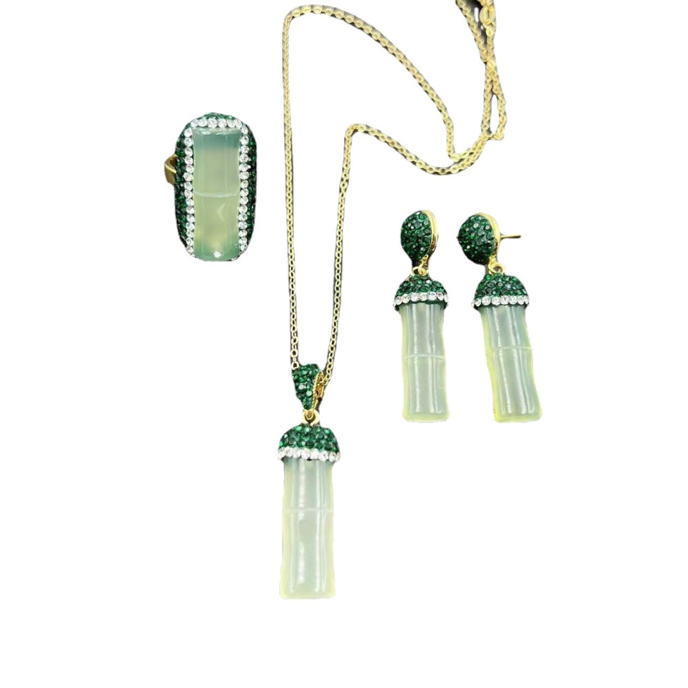 Handmade Natural Agate Bamboo Lucky Three-Piece Set Ethnic Style Czech Crystal Induction Wearing Accessories Luxury Copper