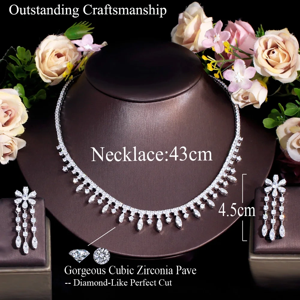 Water Drop Flower Shape White Plated Gold Copper Zircon (Jewelry) Waterproof Non-Fading Safety Buckle Tennis Chain (Full Diamond Chain) Necklace Earring Set Women Two-Piece Set