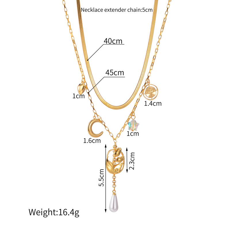 304 Stainless Steel Heart Shape Flower PVD Coated Rhinestones 18K Real Gold Plated Elegant Retro Classic Style Waterproof Non Tarnish Snake Chain Gold Multi Charms Necklace
