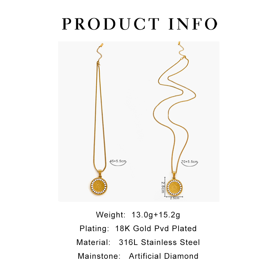 304 Stainless Steel Round Ion Plating (IP) Rhinestones Real Gold Plated Simple Style Classic Style Waterproof Non Tarnish Plating Inlay Conventional Connection Gold Pendant Necklace