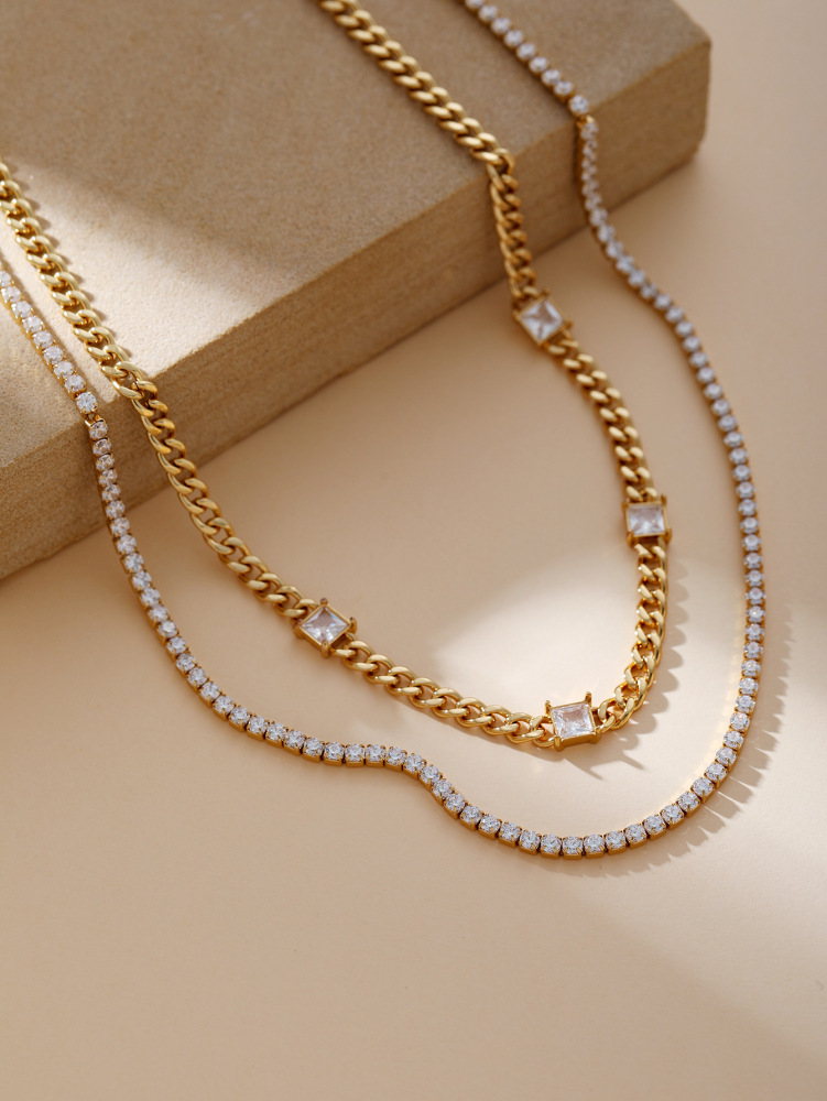 Double Layer Necklace Elegant Cuban Chain Zircon Necklace Versatile Fashionable Women's Party Commuting Accessories