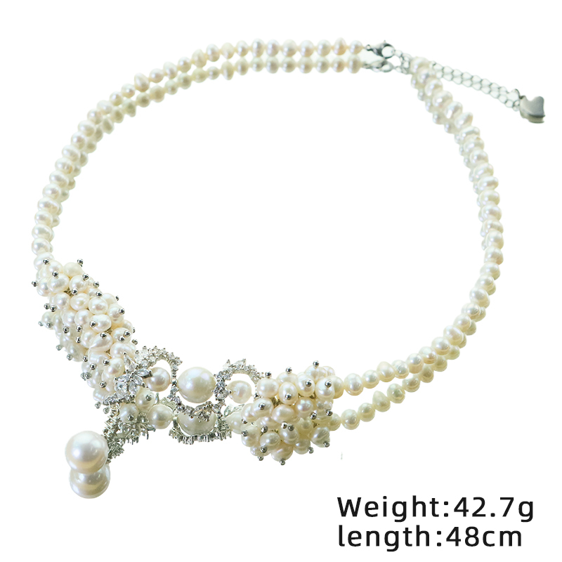 Natural White Pearl Flower Vine S-shaped Zircon Necklace Niche Light Luxury Neck Chain Versatile High-end Clavicle Chain For Women Copper Material