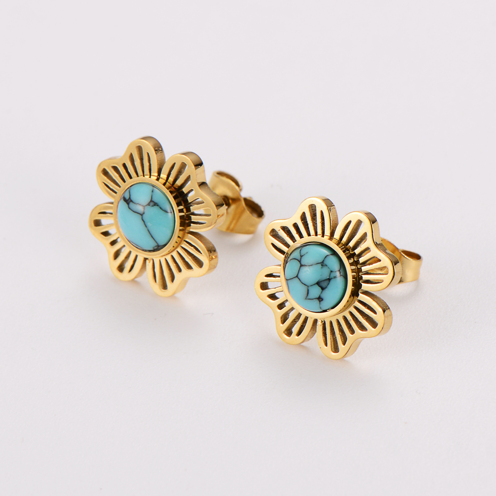 AML Retro Niche Diamond-Studded Ethnic Style Stainless Steel Flower Turquoise Necklace And Earring Set For Women, Light Luxury Elegant Versatile Accessories