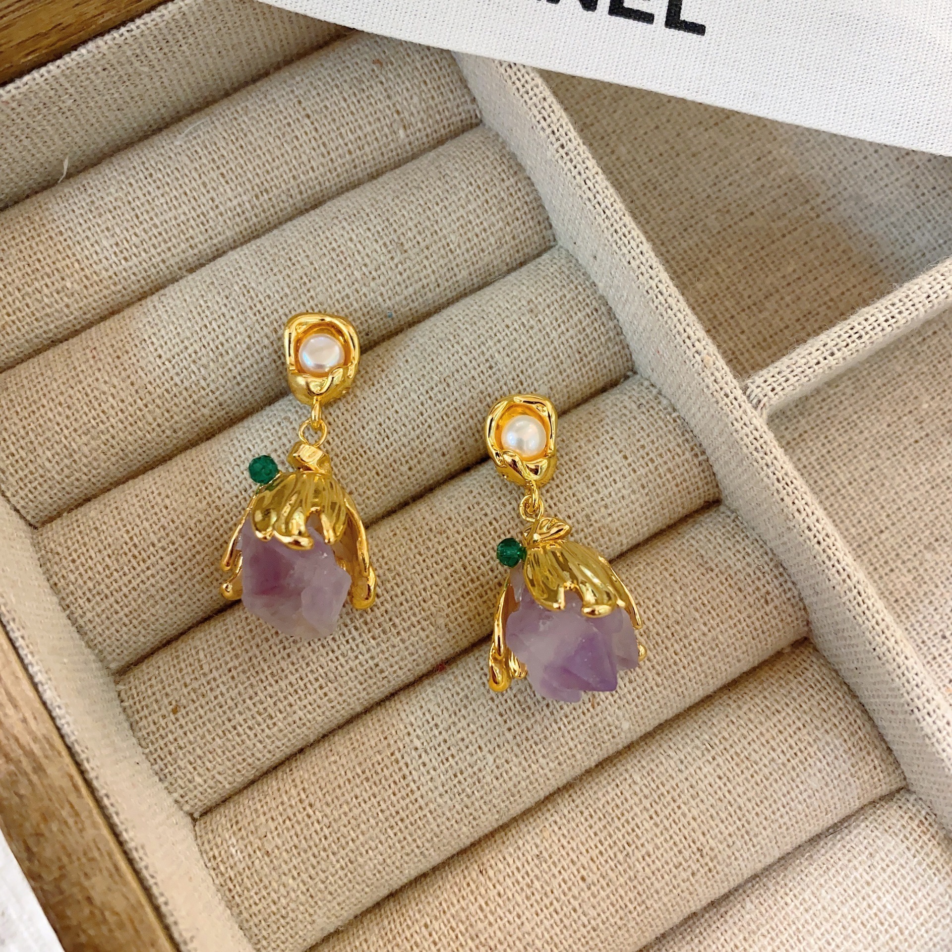 Retro Purple Crystal Stone Earrings Bohemian Style Floral Print Vintage Feelings Women's Jewelry Accessories Ear Cares