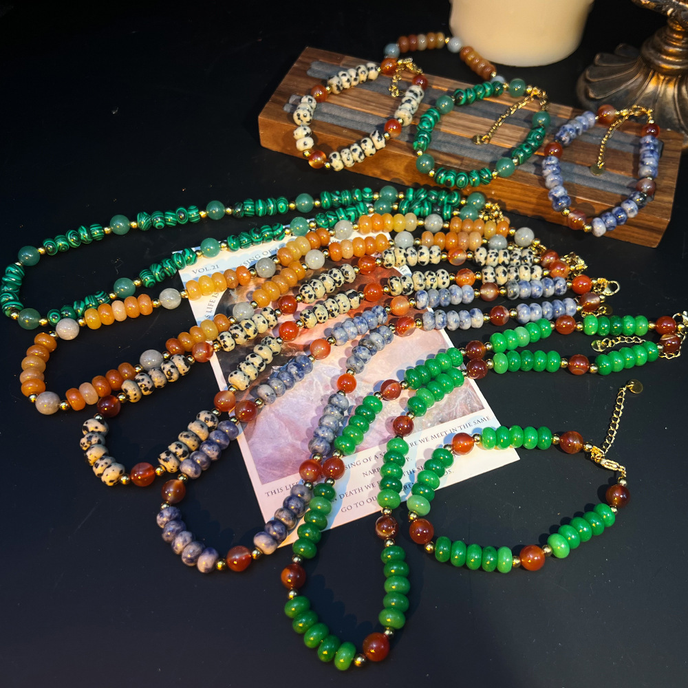 Natural Gold Silk Jade Agate Stone Necklace Bracelet Set Vintage Money Style High End Jewelry Accessories For Women