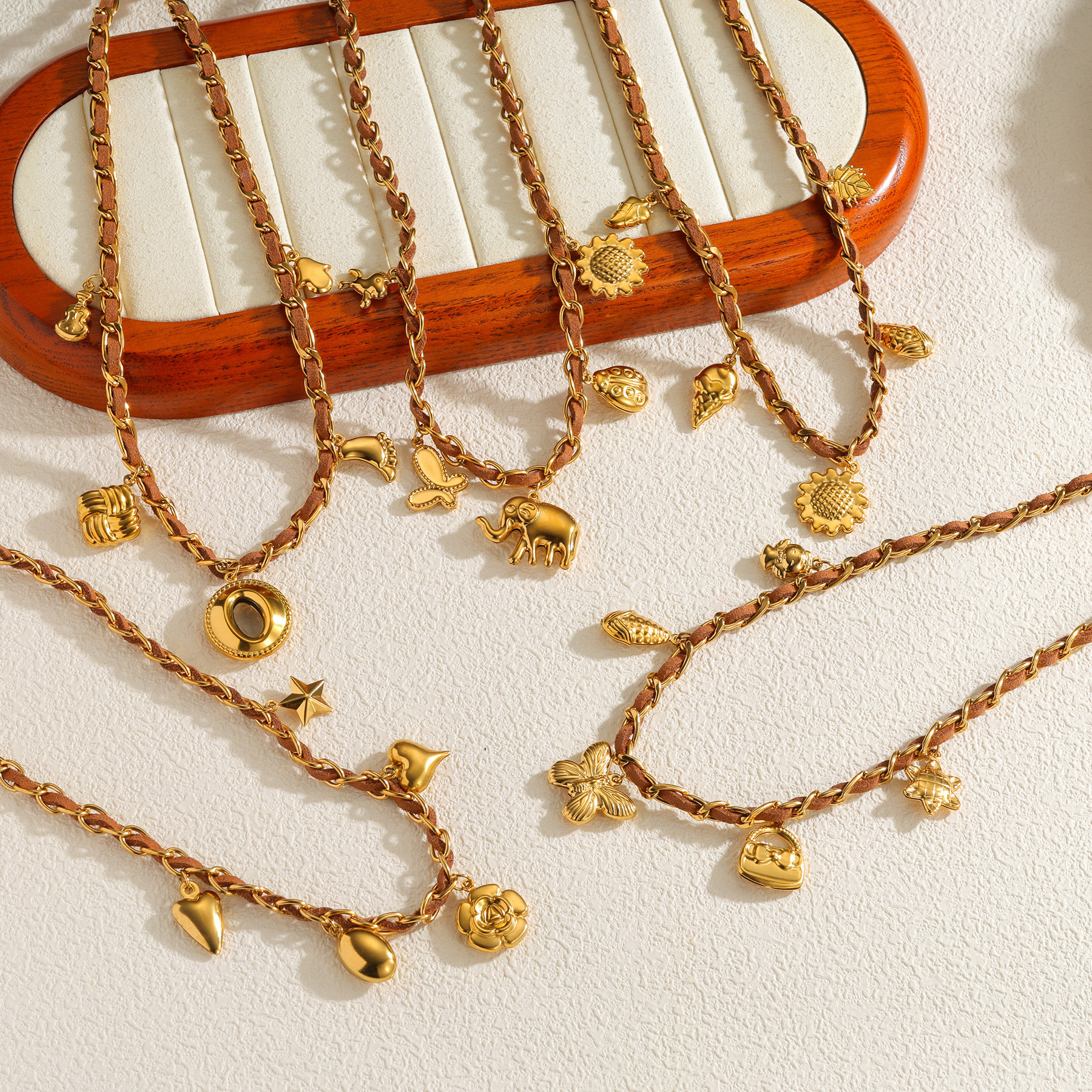 18K Gold Multi-Element Pendant Stainless Steel Women's Sweater Chain Necklace Autumn Winter Style