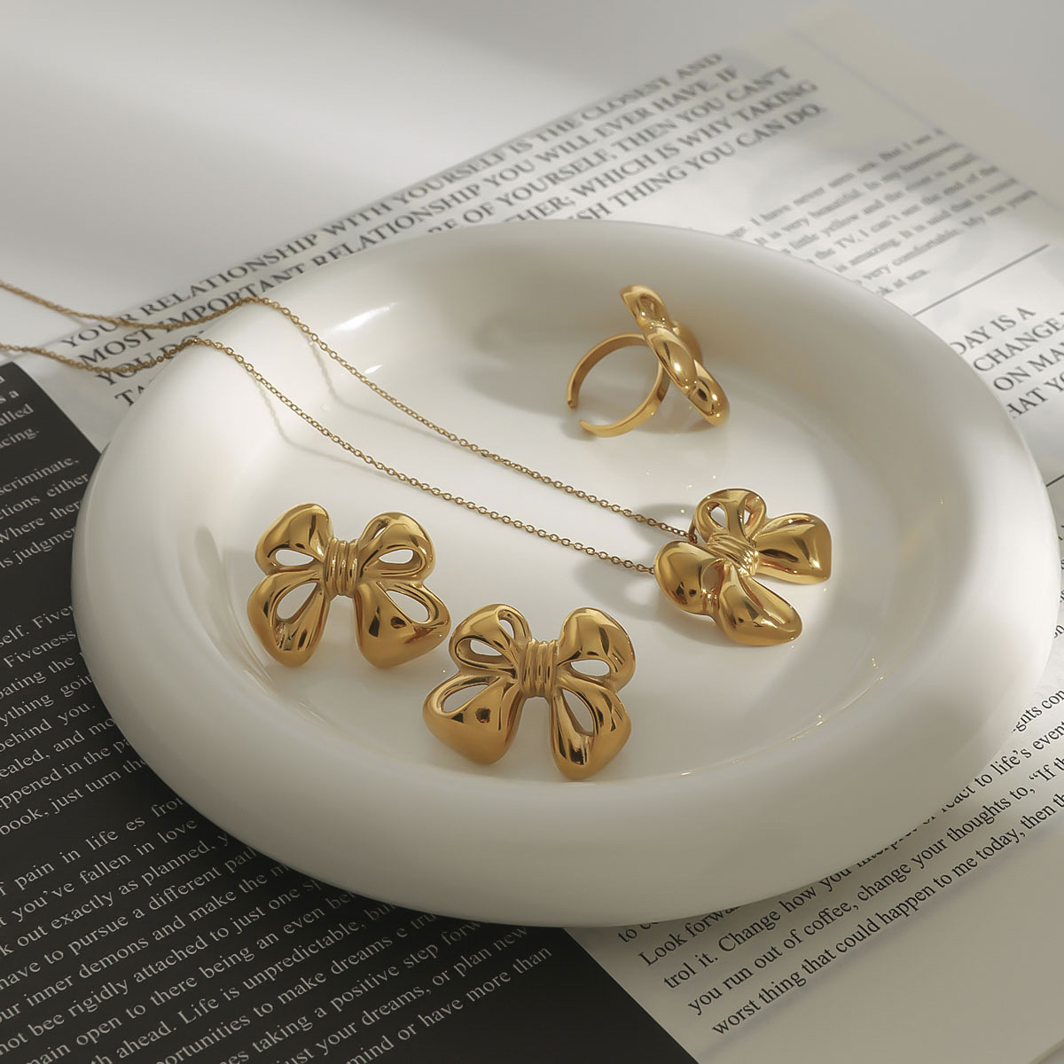 Real Gold Plated 316 Stainless Steel  PVD Coated Bow Knot Waterproof Non Tarnish Elegant Romantic O-ring Chain Small Stud Earrings Rings Necklace For Women's