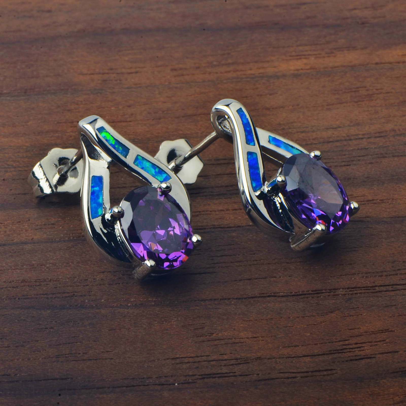 Hawaii Style Blue Opal Heart Shaped Earrings Fashionable TikTok Trend Unisex Copper Geometric Pattern Jewelry Accessories