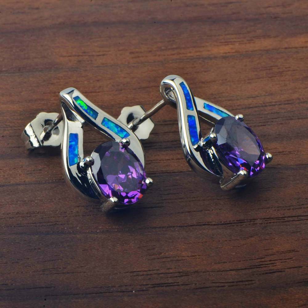 Hawaii Style Blue Opal Heart Shaped Earrings Fashionable TikTok Trend Unisex Copper Geometric Pattern Jewelry Accessories