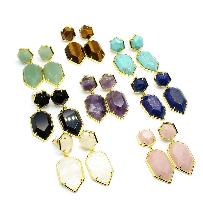 Luxurious Natural Stone Crystal Earrings Plated 24K Gold Women's Small Accessories Geometric Pattern Exaggerated Style