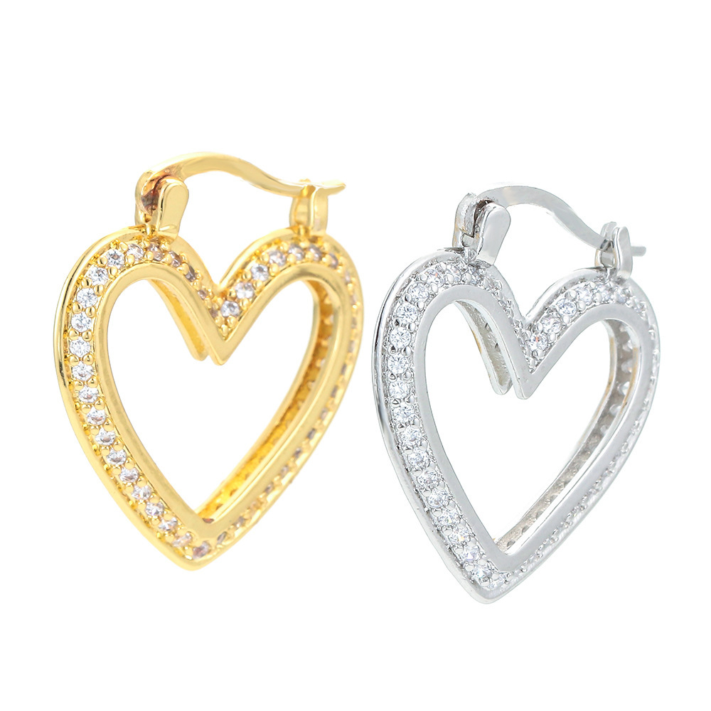 Wholesale Korean Heart-shaped Gold-plated Diamond Hollow Earrings Nihaojewelry