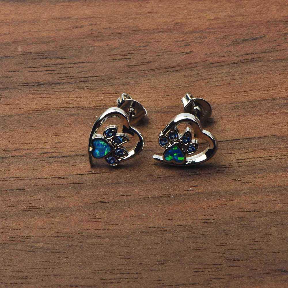 Adorable Girl's Dog Paw Opal Earrings Bohemian Floral Print Simple Style Copper Jewelry Accessories Ear Rings