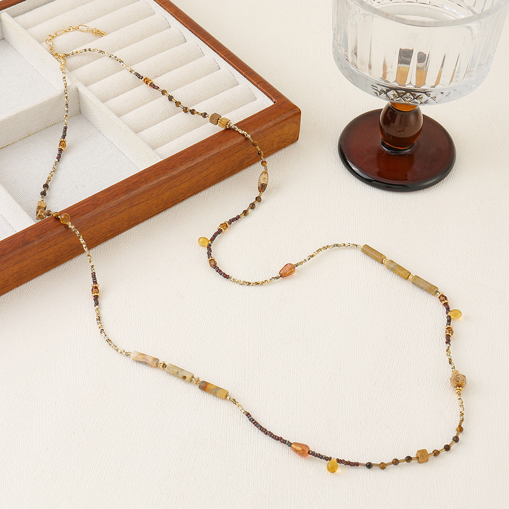 Ins Style Natural Stone Beaded Necklace Non-fading Sweater Chain Women's Vintage Accessories Autumn Winter Tiger Eye Stone Jewelry