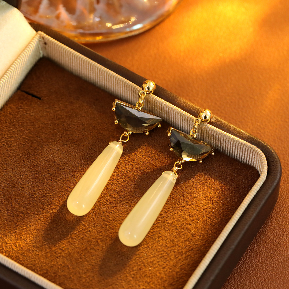 New Chinese Style Long Fan Shaped Agate Earrings Women's Fashion Autumn Winter Geometric Pattern Copper Jewelry Accessories