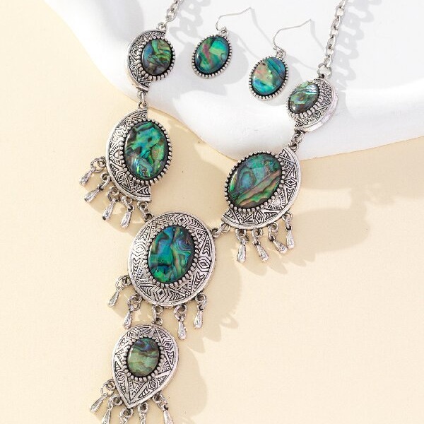 New Retro  Fashion Oval Flower Shape Abalone Shell Earrings Necklace Set Personalized Jewelry Accessories