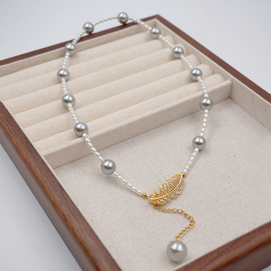 Grey Pearl Feather Y-Shape Sweater Chain Asymmetrical Multi-Ways Long Necklace Women's Fashion Accessories Handmade Craft