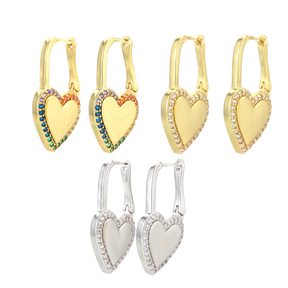 Fashion Heart-shaped Copper Inlaid Zircon Square Lock Earrings