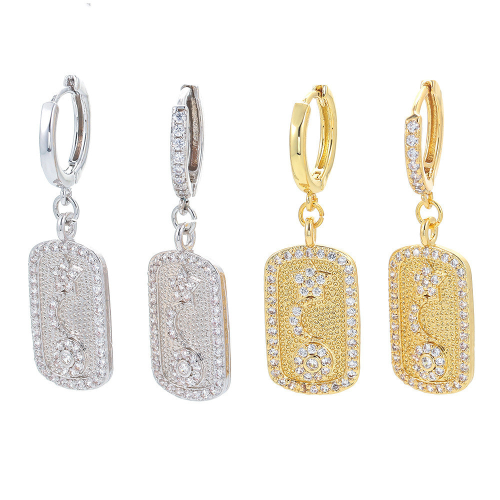 Retro Copper Gold Zircon Star Square Earrings
