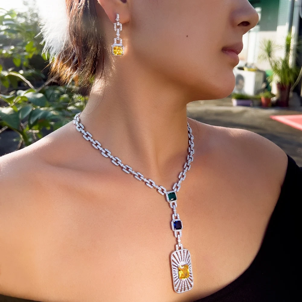 Copper Jewelry Two-Piece Set Women's Fashion Wedding Party Jewelry Luxurious Cubic Zirconia Cuban Link Long Bar Pendant Necklace Earrings Set