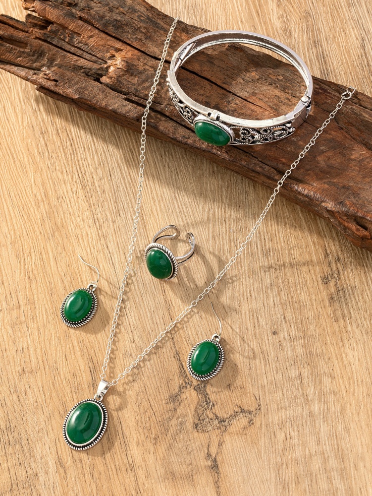 Luxury European And American Natural Gemstone Emerald Jewelry Set Necklace Earrings Ring Bracelet Vintage Alloy Women's Accessories