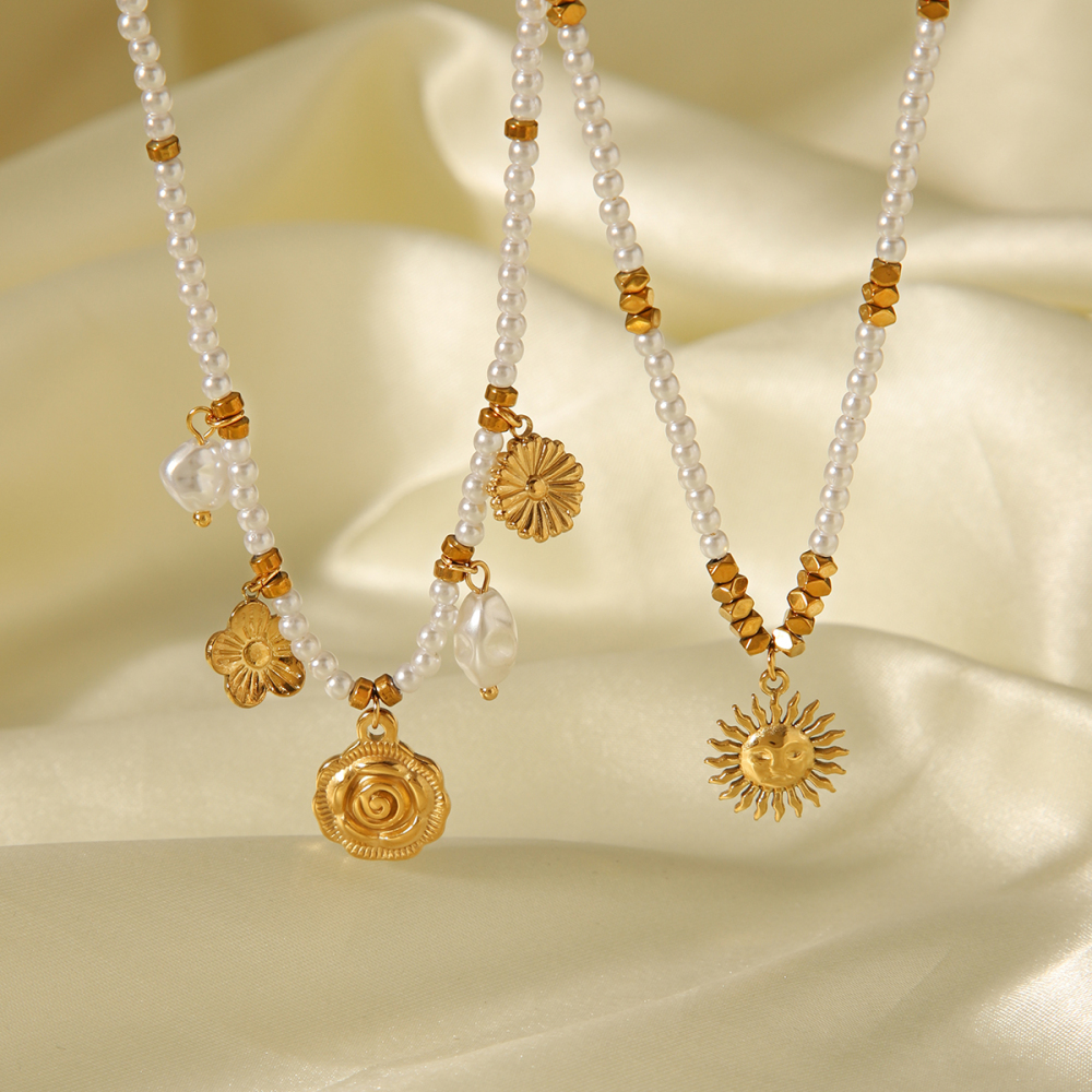 Jewelry Pearl Chain 304 Stainless Steel Sunflower Pendant Necklace For Women High-End Accessories Fashionable Necklace Vacuum Electroplated 18K Gold Plated INS Style Elegant Beaded Lobster Clasp