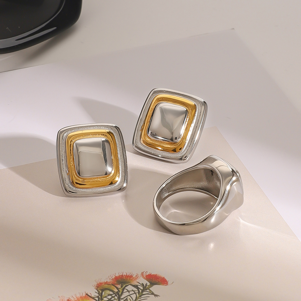 304 Stainless Steel Square PVD Coated 18K Real Gold Plated Vintage Style Classic Style Mixed Metal Rings Earrings