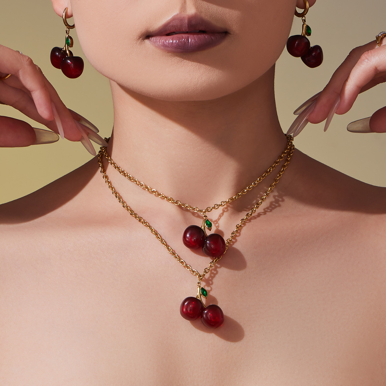 Stainless Steel Resin Cherry Pendant Necklace Earrings 18K Gold Plated European And American Fashion Versatile Fruit Jewelry Set