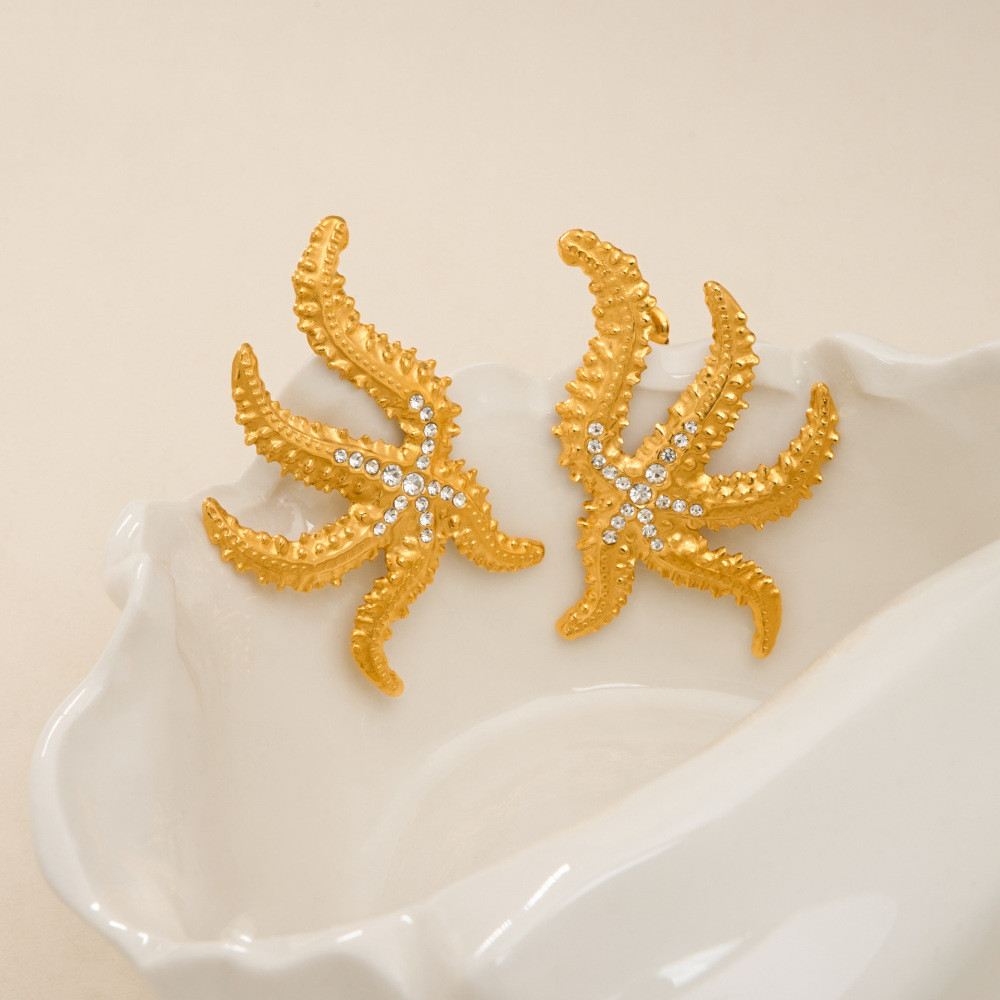 Tropical Starfish Zircon Titanium Plated Steel Earrings Simple Geometric Pattern Elegant Women's Fashion Jewelry Accessories