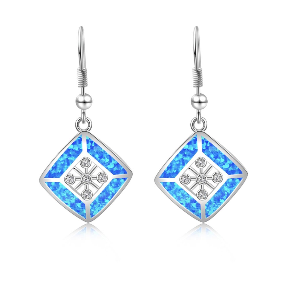 Hawaii Blue Women's Opal Earrings Simple Diamond Shape TikTok Ins European Style Jewelry Accessories Geometric Pattern Copper