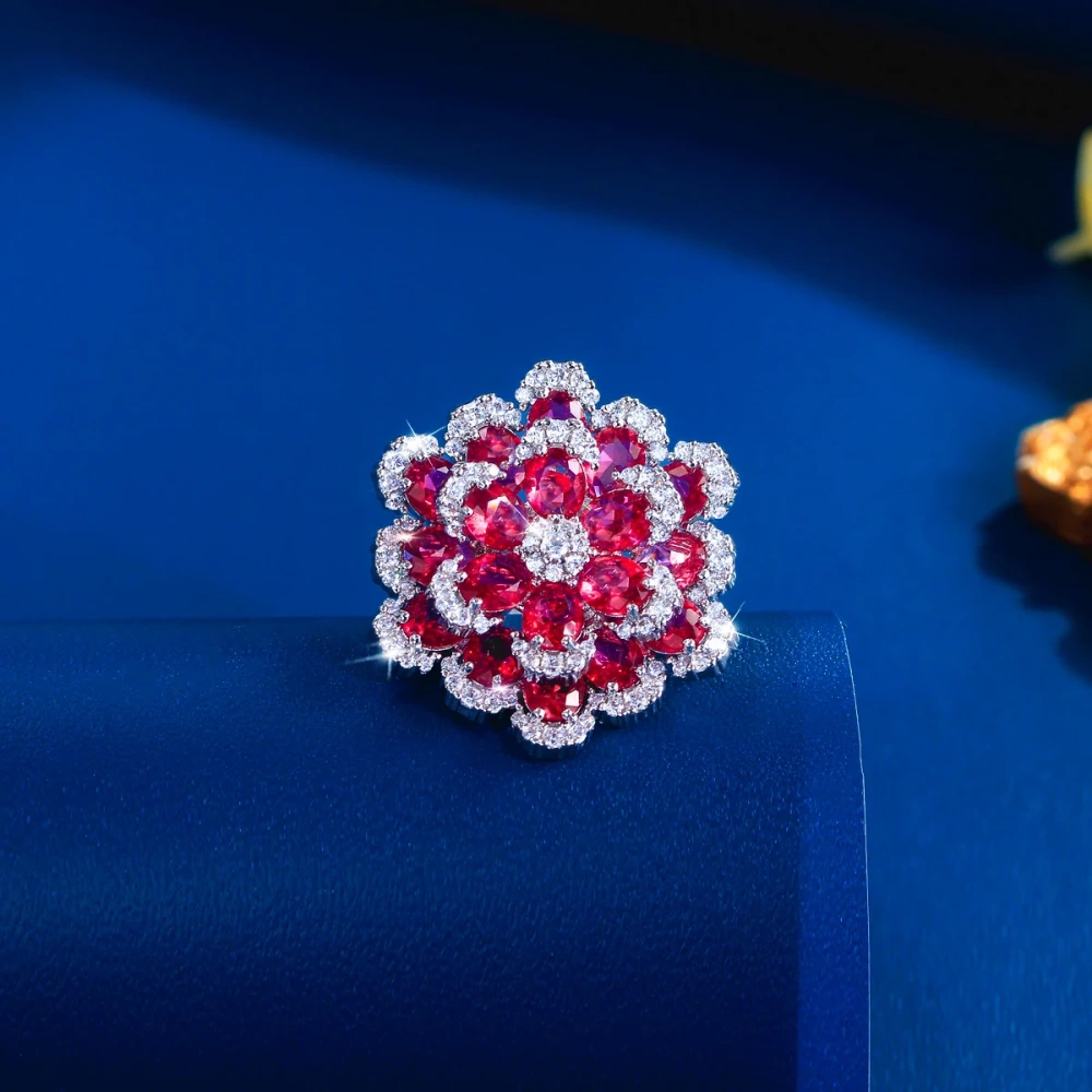 Water Plated White Gold Inlaid Red Zircon Multi-layer Open Ring Copper Material Rhodium Plated Flower (Jewelry) Waterproof Non-fading Wedding Hand Accessories