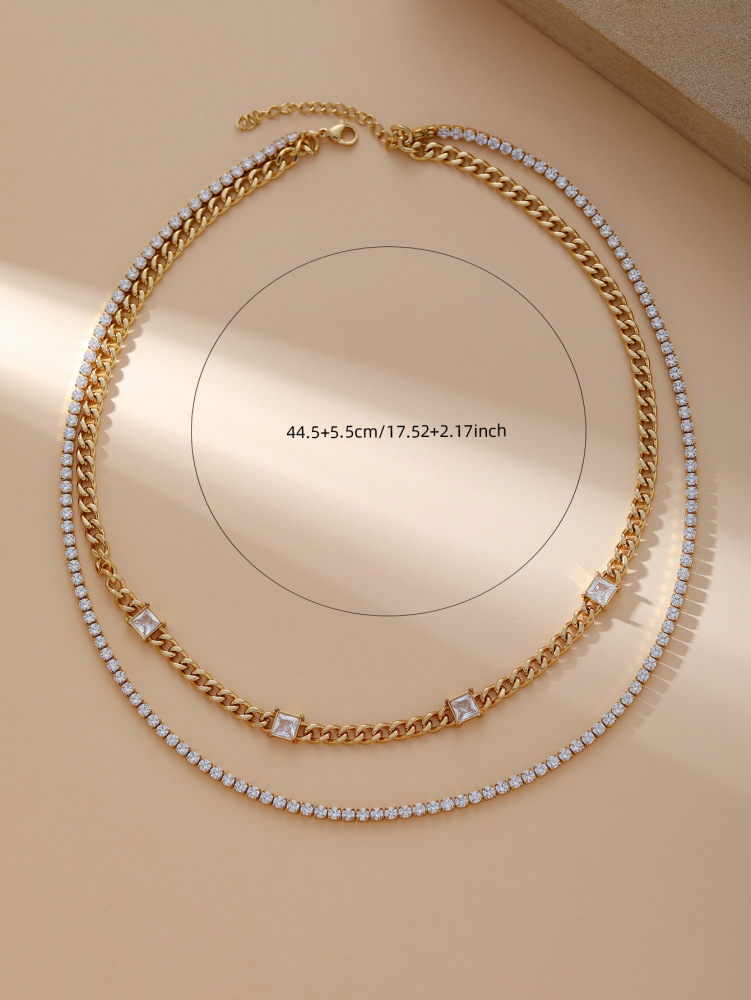 Double Layer Necklace Elegant Cuban Chain Zircon Necklace Versatile Fashionable Women's Party Commuting Accessories