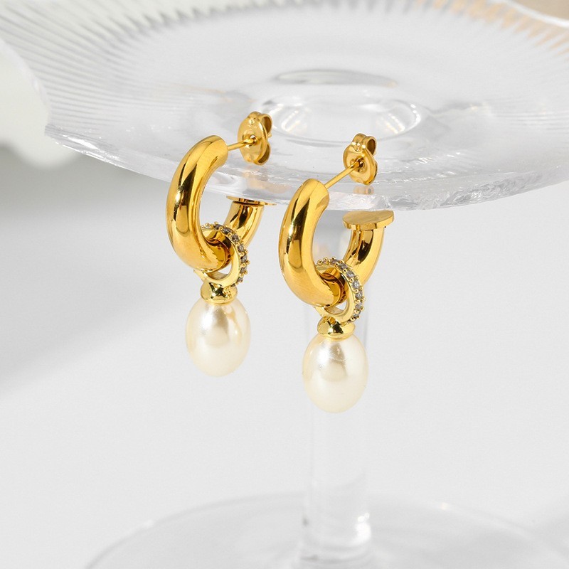 Elegant Waterproof Stainless Steel Pearl Tassel Earrings With Embedded Zirconia Stones 18K Gold Plated Geometric Pattern Women's Jewelry Accessories