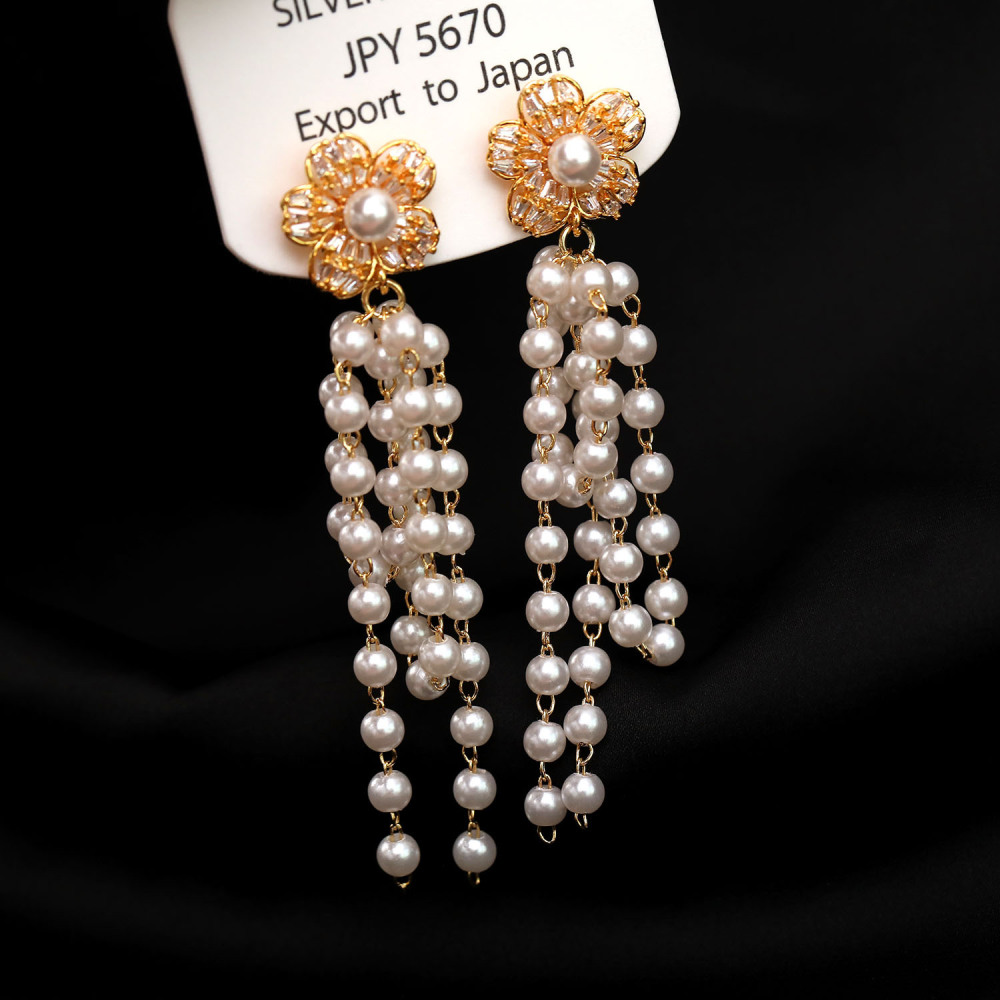 Fashionable Long Pearl Earrings S925 Silver Needle Tassel Drop Earrings New Trendy Jewelry Accessories Women's Geometric Pattern Bohemian Style