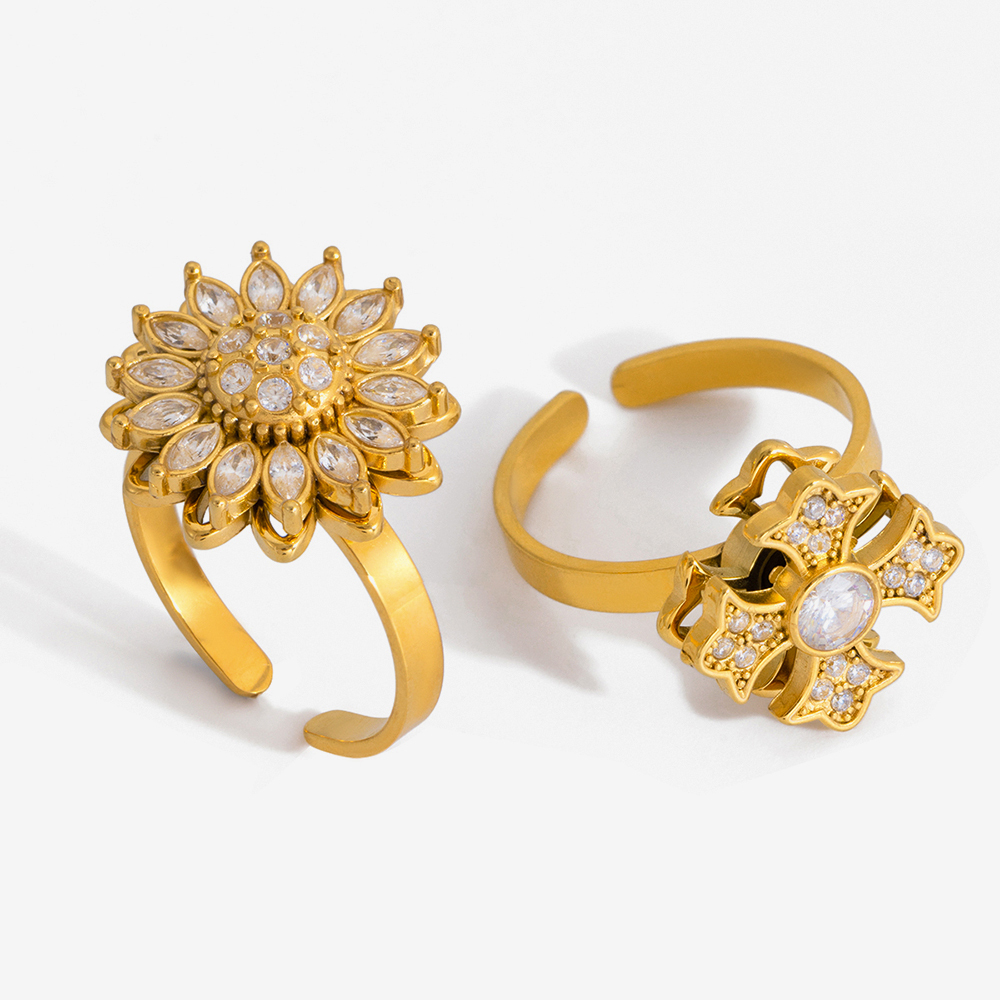 Women's Classic Style / 18K Gold 304 Stainless Steel With Rhinestone Flower Cross Rotatable Open Ring Geometric Asymmetric Mixed Color Vacuum Electroplated Zircon