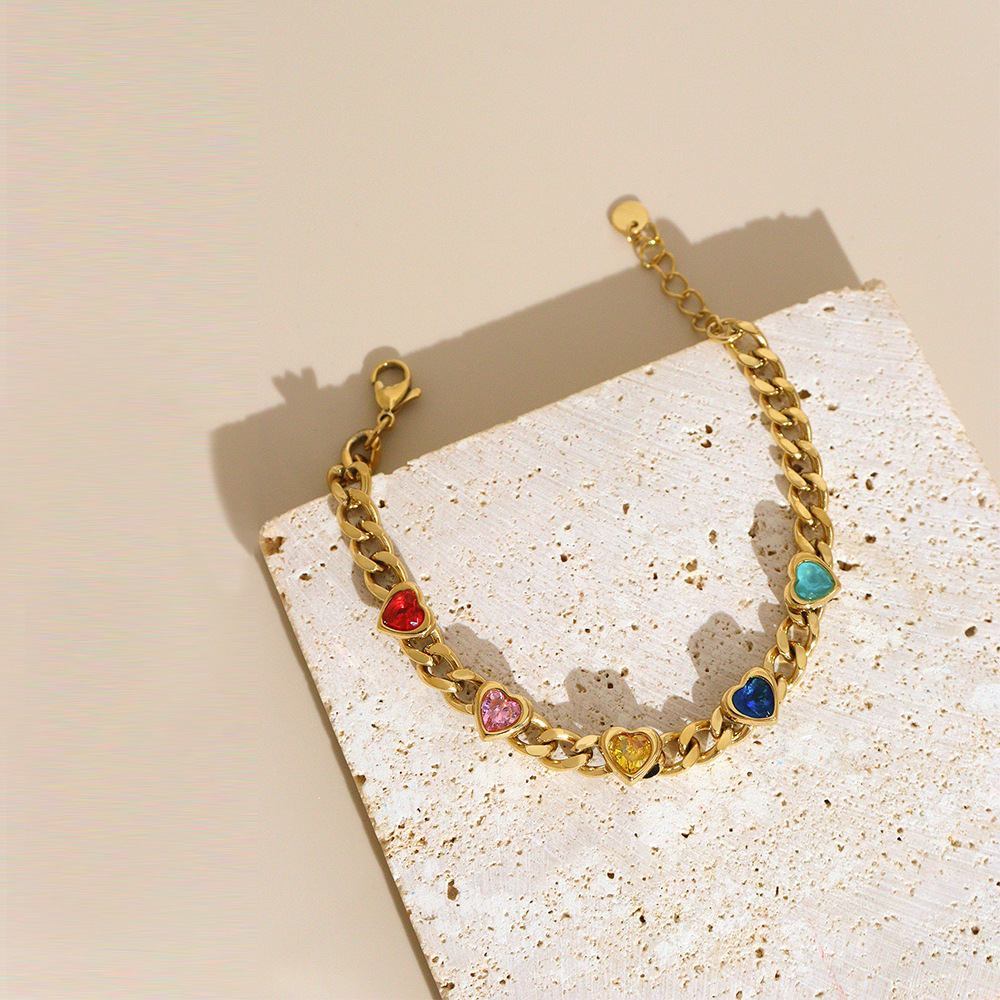 Fashion Heart Shape 304 Stainless Steel 16K Gold Plated White Gold Plated Gold Plated Zircon Stainless Steel Bracelets In Bulk